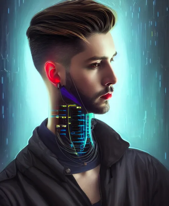 Image similar to a whirlwind inside the metaverse, guy, male, man, science, machine face, fashionable haircut, piercing, half body, neurochip, android, cyberpunk face, by loish, d & d, fantasy, intricate, elegant, highly detailed, colorful, digital painting, artstation, concept art, art by artgerm and greg rutkowski and alphonse mucha