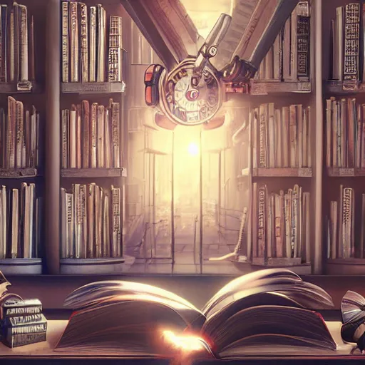 Prompt: hyperreal ultra detailed intricate clockwork transformer robot reading a book in a library by peter mohrbacher and dan mumford, cgsociety, volumetric light, 3 d render