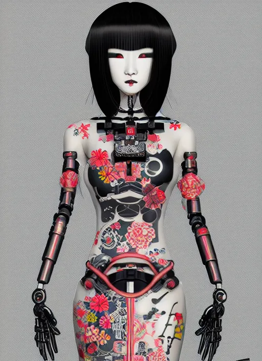 Image similar to full body portrait of a gothic japanese robot geisha with kanji tattoos and decals wearing a digital pixelated kimono, intricate design, photorealistic, octane render, raytraced, ultra fine detailed, character design, trending on artstation