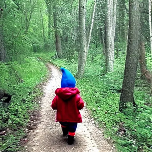 Image similar to bad quality screenshot of a leaked video of a small person dressed as gnome looking at me at a forest trail, photo taken from far away, night time, bright camera flash, camera shaking, disturbing, very scary, realistic, very disturbing, help me please im disturbed, ultrarealistic, 480p, scary