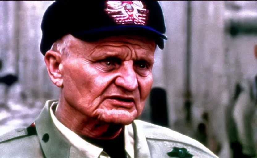 Image similar to Old Karol Wojtyła in a still from the movie Full Metal Jacket (1987), 4k, high quality