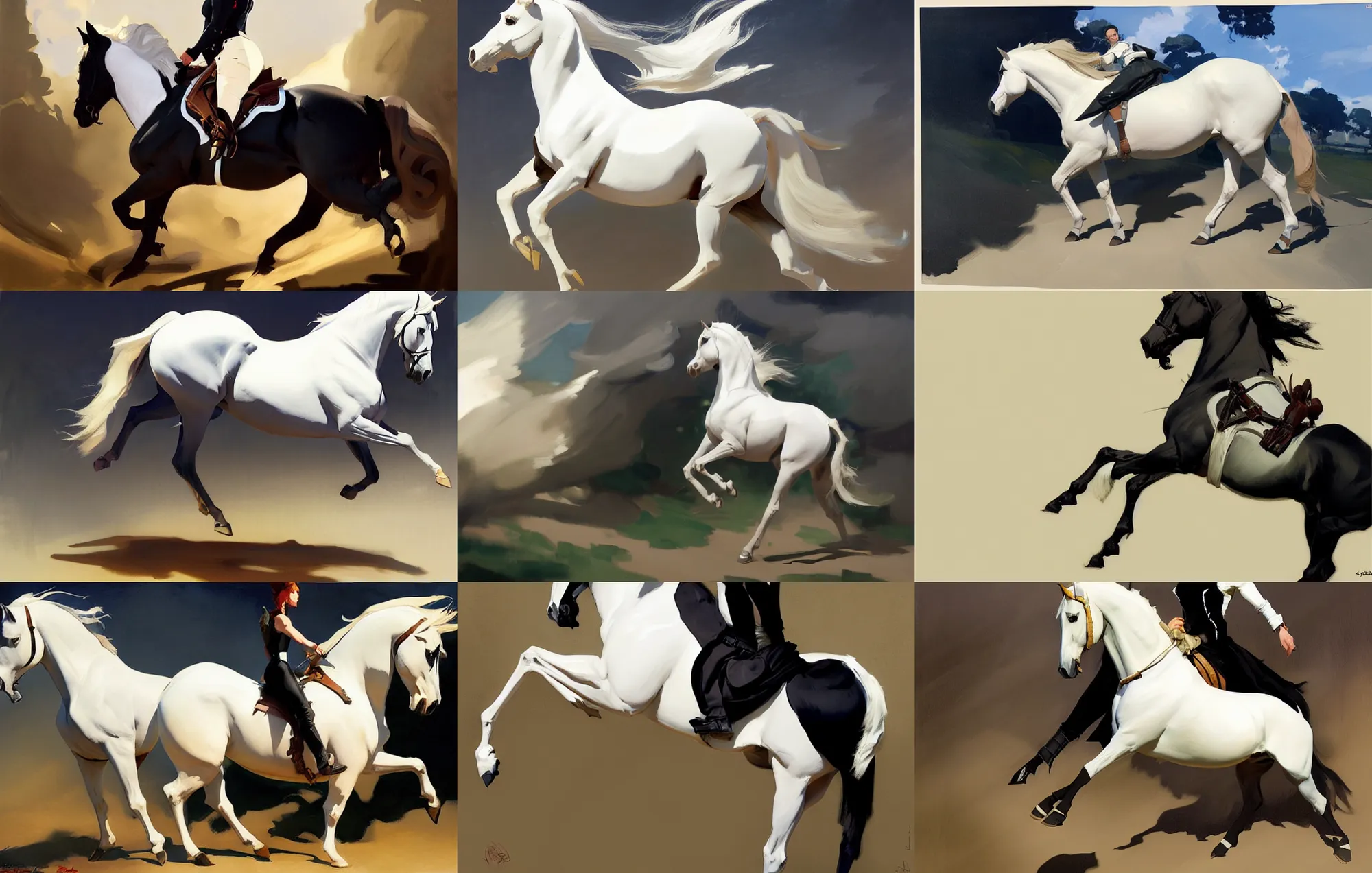 Prompt: cloth fabric white black horse stallion jodhpurs side view greg manchess painting by sargent and leyendecker, studio ghibli, fantasy, medium shot, asymmetrical, intricate, elegant, matte painting, illustration, hearthstone, by greg rutkowski, by greg tocchini, by james gilleard, by joe fenton