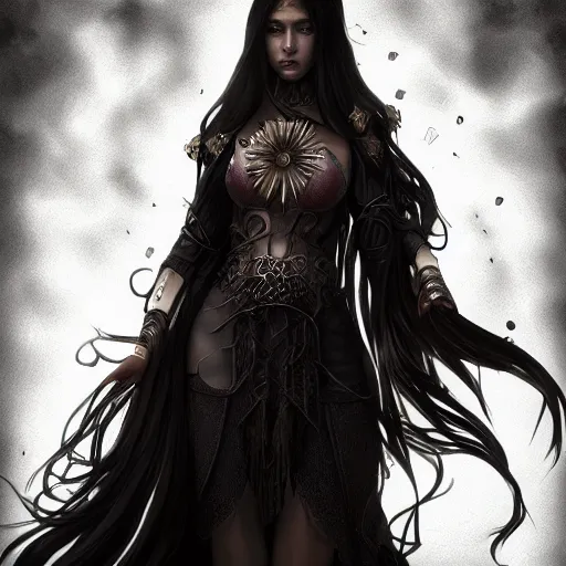 Prompt: a priestess with long black hair. portrait. Epic fantasy, 4k. realistic. Detailed. Digital painting. Sharp focus, illustration, Beautiful, gorgeous. Cinematic. Dramatic. High contrast. artstation. smooth.