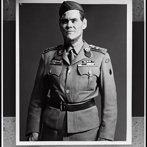 Prompt: jim carrey as ww2 general, black and white photo, document
