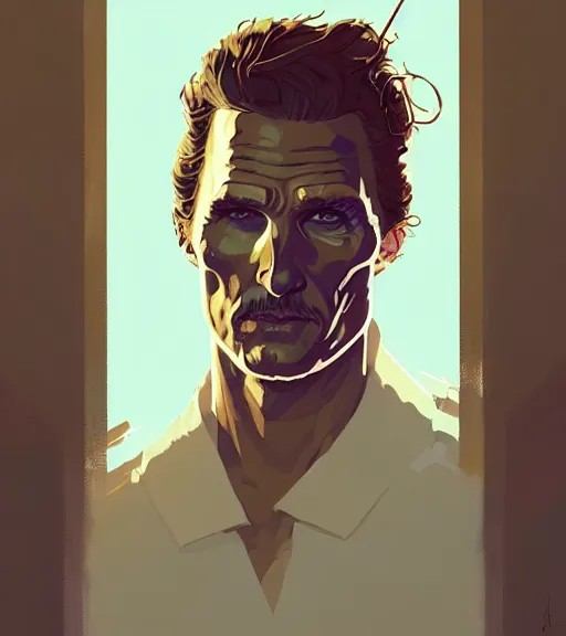 Image similar to portrait of beautiful warrior matthew mcconaughey, by atey ghailan, by greg rutkowski, by greg tocchini, by james gilleard, by joe fenton, by kaethe butcher, dynamic lighting, gradient light blue, brown, blonde cream and white color scheme, grunge aesthetic