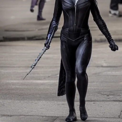 Image similar to Emma Watson as Catwoman, Sony A7R III, 1/2000sec at f/5.6, ISO 1600, 90mm, 8K, RAW, symmetrical balance, Dolby Vision, Aperture Priority