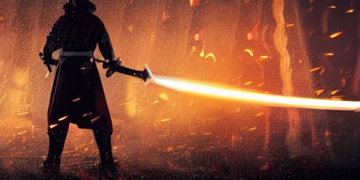 Image similar to The dark paladin with a heated sword in his hand and a burning flame with a sword in the rain. cinematic shot from back, realistic, 4K,