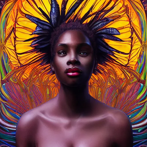 Image similar to A black woman having a reality bending psychedelic experience, colorful, distorted, surreal, tropical leaves and feathers, dramatic lighting on the face, intricate, elegant, highly detailed, digital painting, concept art, smooth, sharp focus, illustration, art by Krenz Cushart and Wayne Barlowe and alphonse mucha