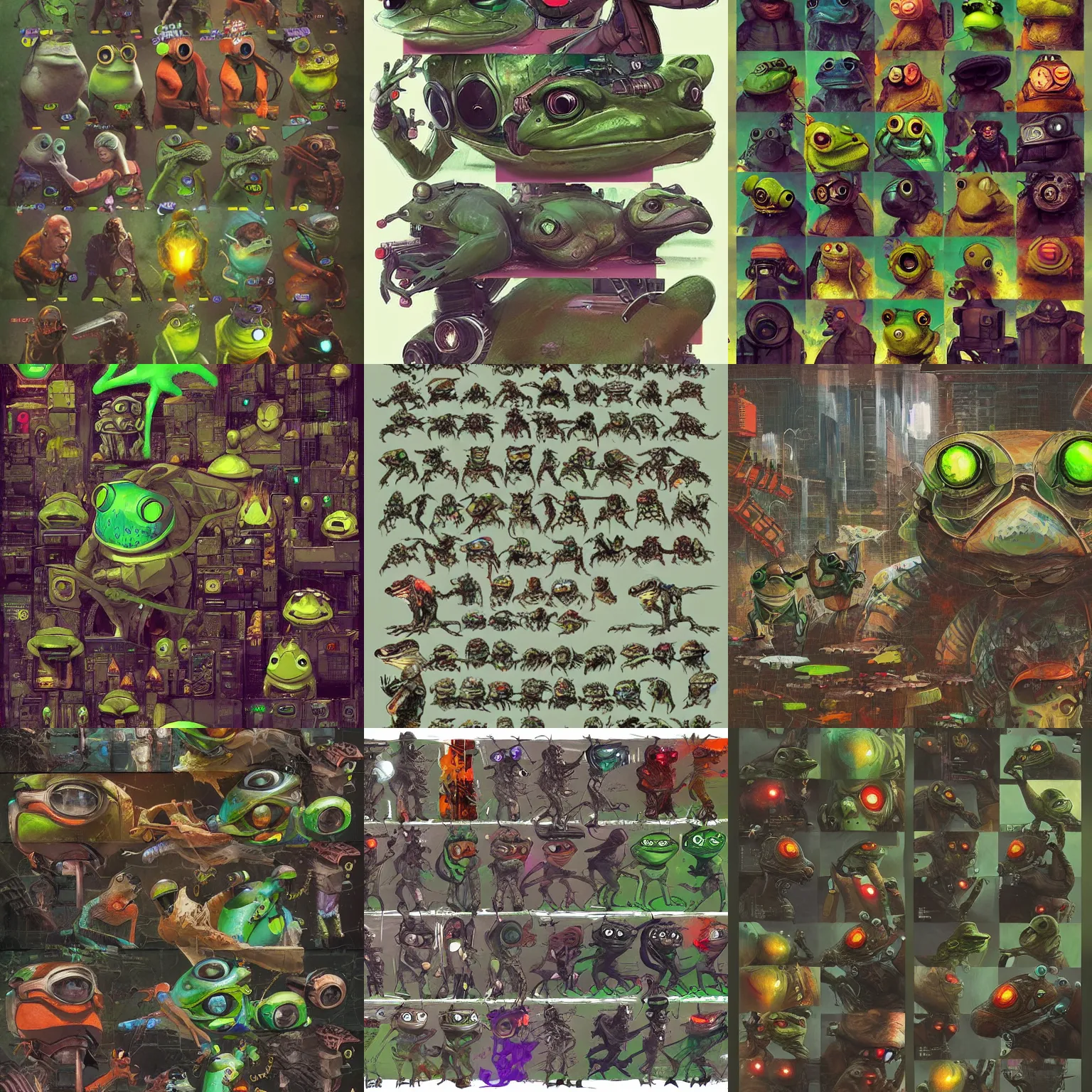 Prompt: cyberpunk frog character by Esao Andrews, character concept art, character modeling, each sprite is a different character, full page grid sprite sheet, science fiction, rich colors