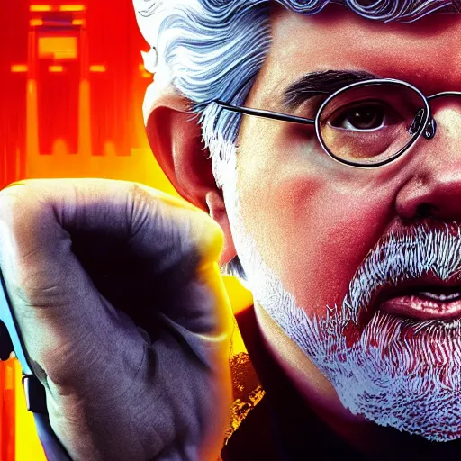 Prompt: george lucas as a cyborg in cyperpunk 2 0 7 7, promo material, movie still, cinematic, photorealistic, extreme detail, sharp focus, 8 k, rain, close up, anamorphic lens, lighting, dark, dystopian, cigarette,