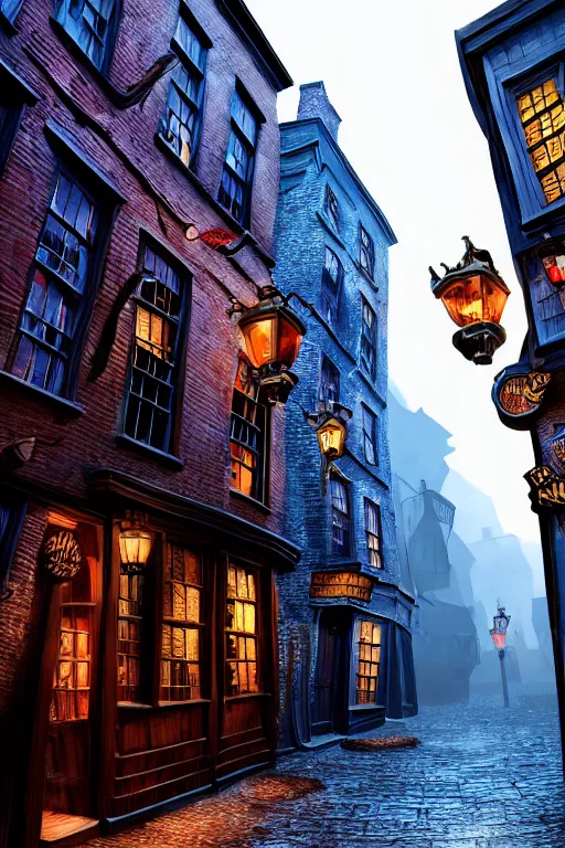 Image similar to a beautiful woodcut print of diagon alley, 8 k, frostbite 3 engine, cryengine, dof, trending on artstation, digital art, crepuscular ray, art by fossi _ images and tugboat printshop