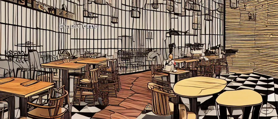 Image similar to a beautiful interior view illustration of a small roasted string hotpot restaurant of baota mountain in yan'an city, animation illustrative style, from china, restaurant wall paper is a high tower on a mountain, rectangle white porcelain table, black chair, simple style structure decoration design, victo ngai, james jean, 4 k hd