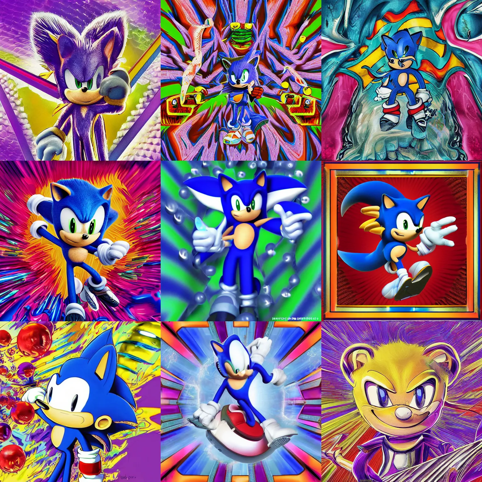 Prompt: sonic the hedgehog in a surreal, sharp, detailed professional, high quality airbrush art MGMT album cover of a liquid dissolving LSD DMT sonic the hedgehog on a flat purple checkerboard plane, 1990s 1992 prerendered graphics raytraced phong shaded album cover