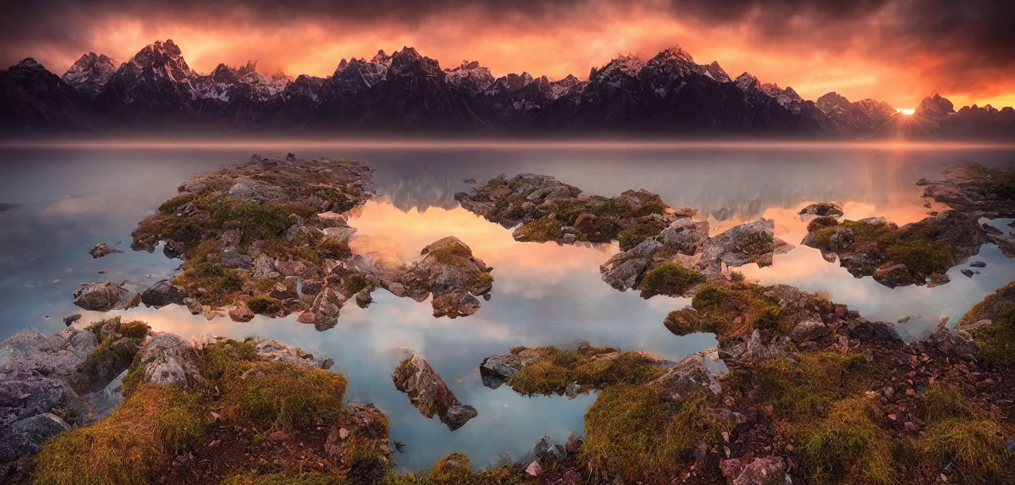 Image similar to amazing landscape photo of mountains with lake in sunset by marc adamus, beautiful dramatic lighting