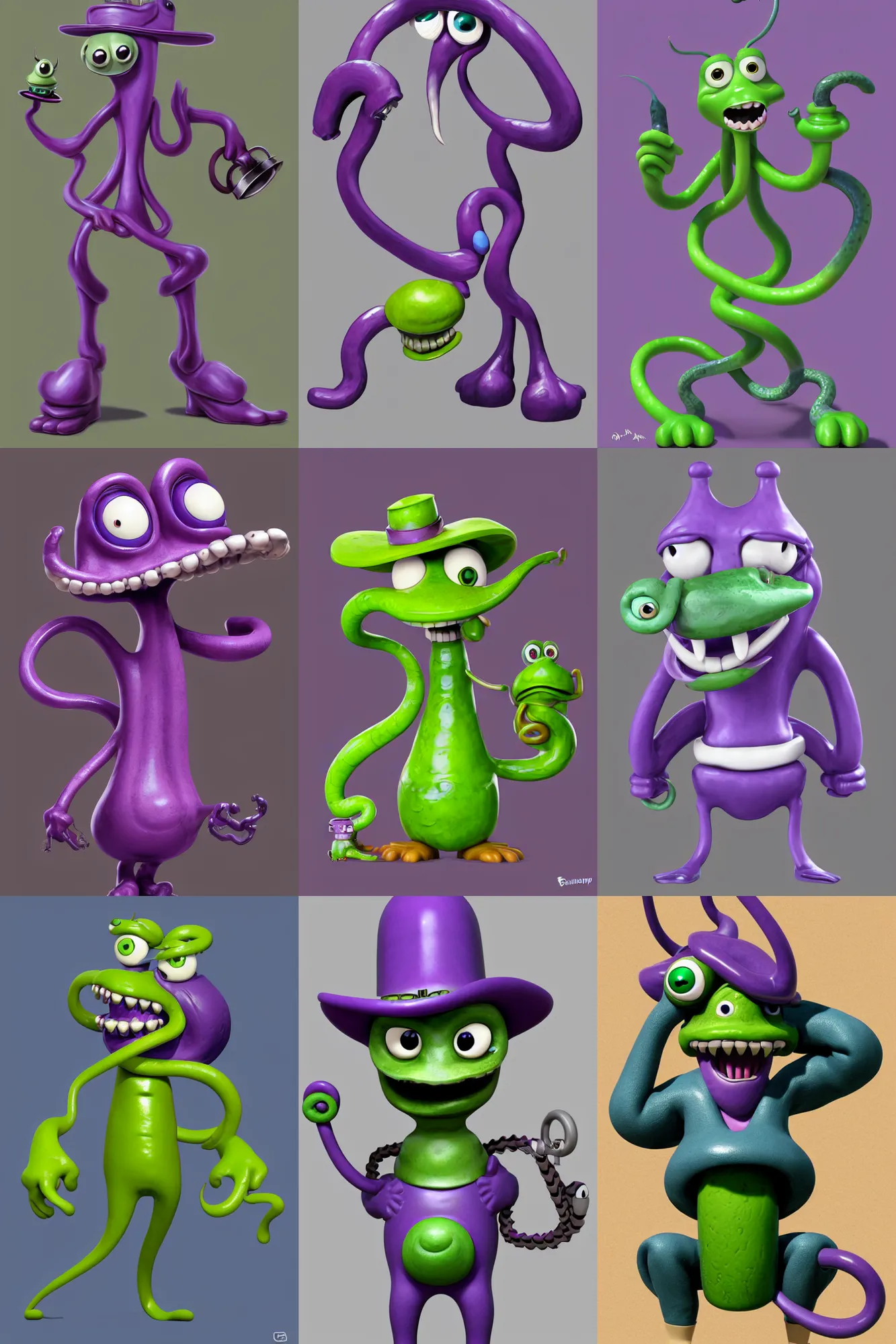 Prompt: anthropomorphic kawaii purple green cowboy snake oil salesman mascot, character design by Disney and Pixar, composition by Basil Wolverton and Ed Roth, sculpted in zbrush, minimal, Uncle Aloysius, dystopian, big eyes with eyelashes and twirly moustache, piston pumps of oil rig with bull horns, extremely detailed, digital painting, artstation, concept art, sharp focus, illustration, chiaroscuro lighting, golden ratio, rule of thirds, fibonacci
