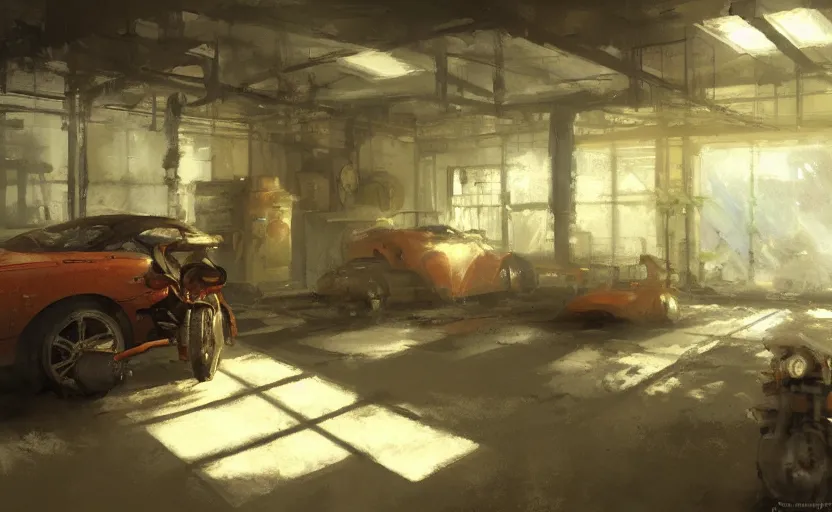 Image similar to an old garage interior, painting by Craig Mullins, octane rendering, soft lighting, wide angle lens, low view, in the style of Hayao Miyazaki, trending on artstation,