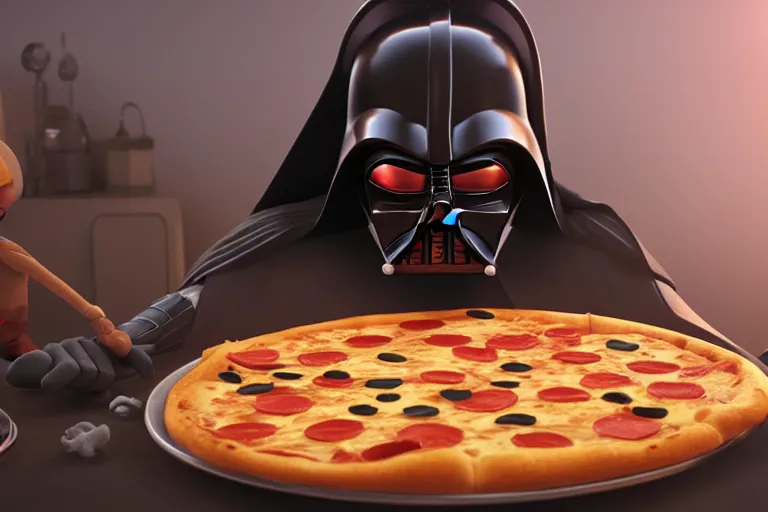 Image similar to still from a pixar movie of darth vader making a pizza, high quality 3 d render, movie, pixar, renderman, 4 k, artstation