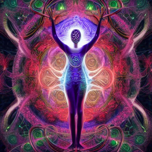 Prompt: hallucionational imaginery spirits, gaia, close up human form with third eye and peacock tail arms and legs outstretched, tree of life, swirls, energy, dream, xray art, symmetrical, in the style of pablo amaringo, alex grey, hana alisa omer, hannah yata, psychedelic, beautiful, octane render 4 k