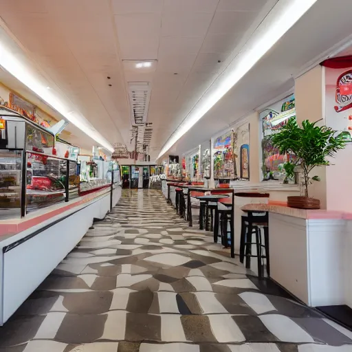 Prompt: photo of a white arcade / cafe interior, 8 0 s art on the tall white walls, wide angle shot 4 k hdr