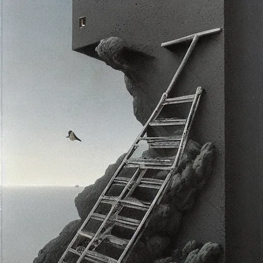 Image similar to a metal ladder descending from the sky, a bird starts to climb up it, by Zdzisław Beksiński