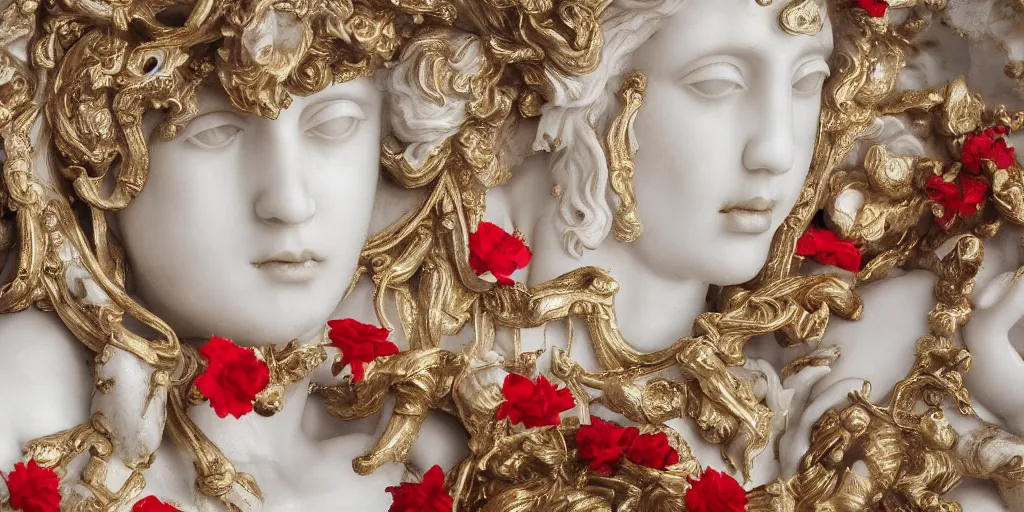 Prompt: tilt shift, italian masterpiece, white marble sculpture, baroque, portrait, saint Woman, Venus godness Athena, beautiful, gracious, pagans, marble and gold, space, stars, clouds, sun, greeks, fruits, bioluminescent skin, pomegranade, render, artstation, draped with red flowers and vines, ultra detailed