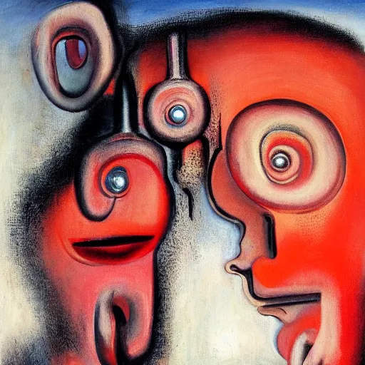 Prompt: Oil painting by Roberto Matta. Two mechanical gods kissing. Close-up portrait by Marlene Dumas. Dali.