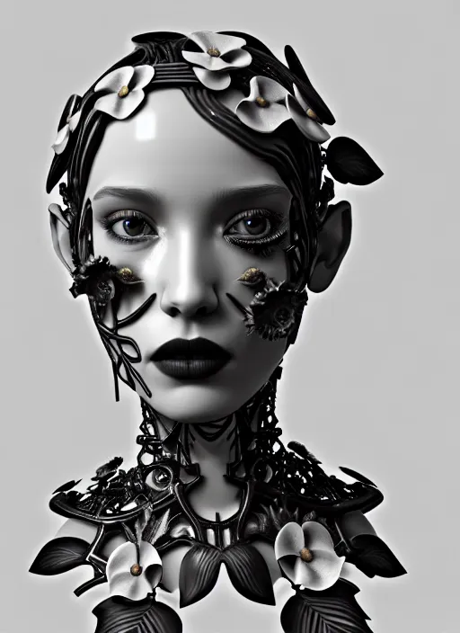 Image similar to monochrome 3 d model, biomechanical beautiful young female cyborg with porcelain profile face and a big floral eye, volumetric light, leaves foliage and stems, hibiscus flowers, boho floral vines, sinuous fine roots, fine foliage lace, alexander mcqueen, rim light, big gothic fashion pearl embroidered collar, steampunk, octane render, 8 k