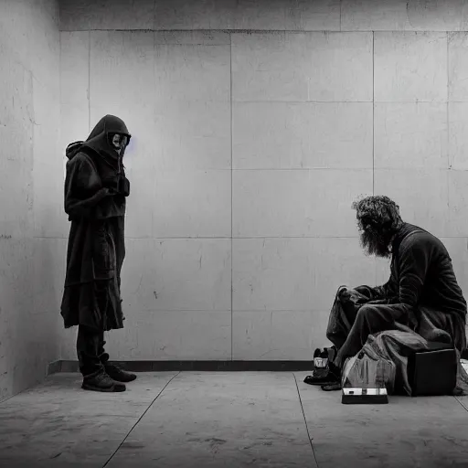 Image similar to a photo portrait of two homeless creating a time machine from aluminium cans and cardboard boxes. symmetry. awesome exposition. very detailed, professional lighting diffracted lightrays, 8 k, sense of awe