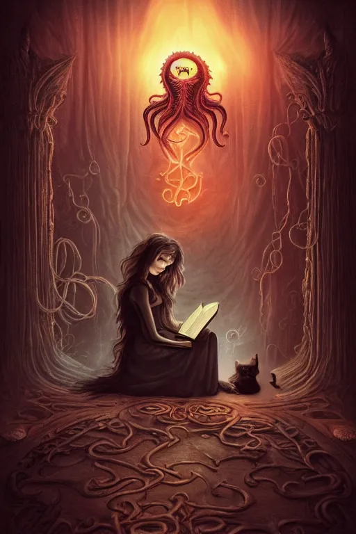 Image similar to romantic photo of bright girl, her cat and her book of necronomicon, symmetrical, cinematic, real dlsr photography, sharp focus, 4 k, ultra hd, sense of awe, sinister demonic atmosphere, dreadful, forbidden knowledge, old gods, cthulhu, yog - sothoth! yah, yah, yah! cultist journal cover