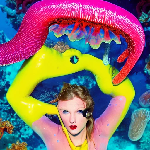 Prompt: a colorful portrait photograph of taylor swift underwater swimming around the hippocampus octopus and jellyfish, 1 9 9 0 s, taken by martin parr, saturated colour photo, high definition, 8 k