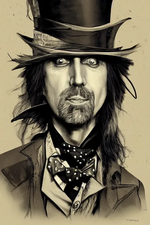 Image similar to tom petty as the mad hatter, contrast, kim jung gi, greg rutkowski, zabrocki, karlkka, jayison devadas, trending on artstation, 8 k, ultra wide angle, zenith view, pincushion lens effect