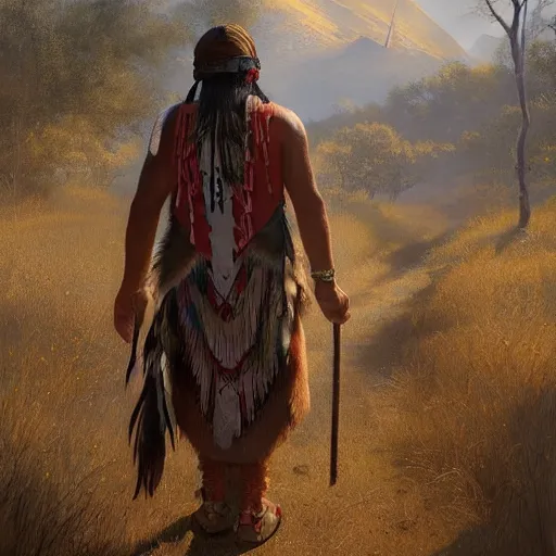 Prompt: native american indigenous man wearing traditional clothing standing on a path, facing forward, greg rutkowski, detailed artwork, unreal engine