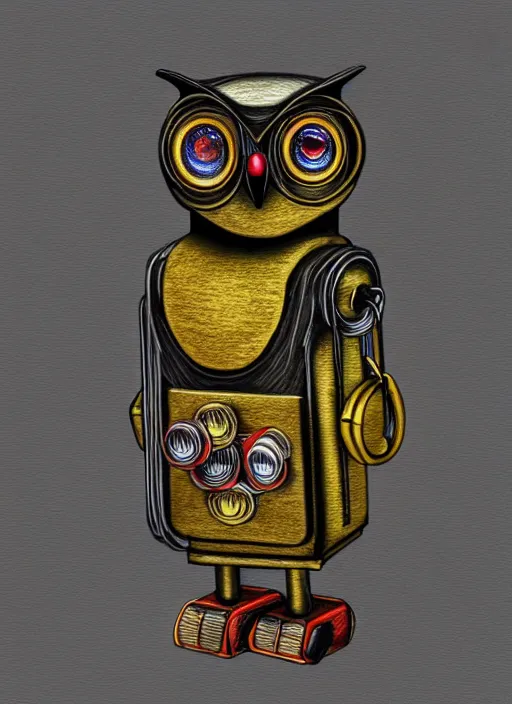 Prompt: colored pencil and pen drawing of an animatronic robot owl, bird made from rusty old keys and padlocks, 4 k photorender realityengine