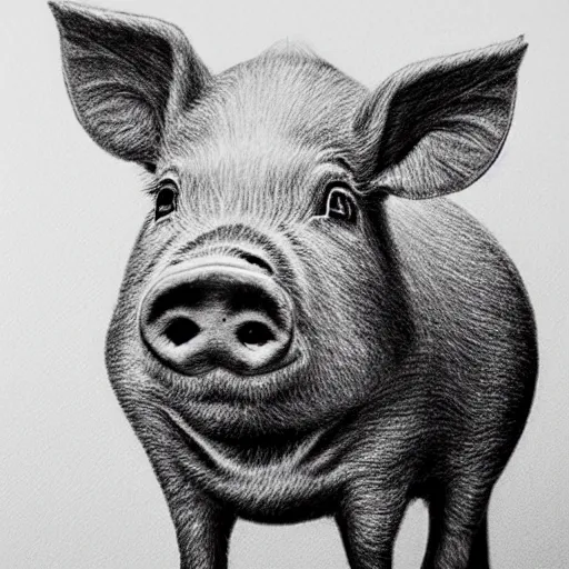 Prompt: Highly detailed pencil drawing of a pig wearing a gold crown