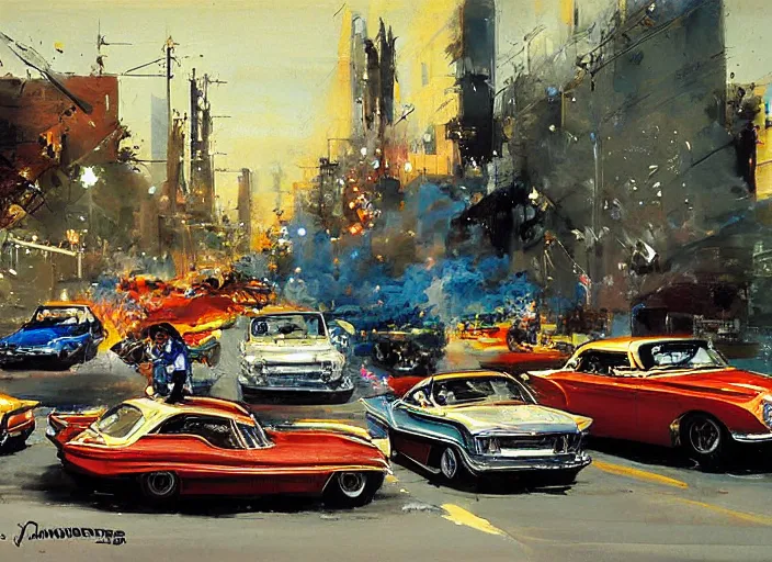 Prompt: hotrods driving down a street , vintage, highly detailed, by John Berkey