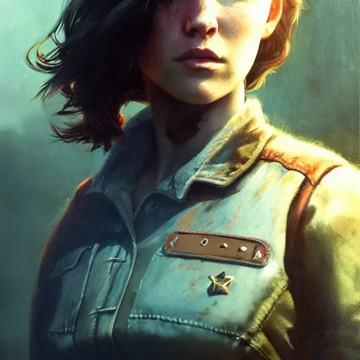 Image similar to fallout 5, charismatic brunette female protagonist, portrait, atmospheric lighting, painted, intricate, volumetric lighting, beautiful, daytime, sunny weather, slight overcast, sharp focus, deep colours, ultra detailed, by leesha hannigan, ross tran, thierry doizon, kai carpenter, ignacio fernandez rios