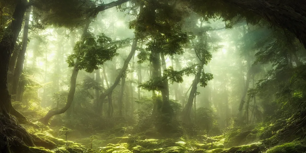 Image similar to a forest, highly detailed oil painting, hyperrealism, volumetric lighting, Studio Ghibli, Jessica Rossier, digital art, octane render, beautiful composition, trending on artstation, masterpiece