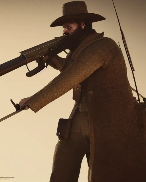 Prompt: ned kelly, close - up, epic action pose, global ullumination, intricate detail, octane render, concept art, award winning hyperrealism photorealism cinematic still