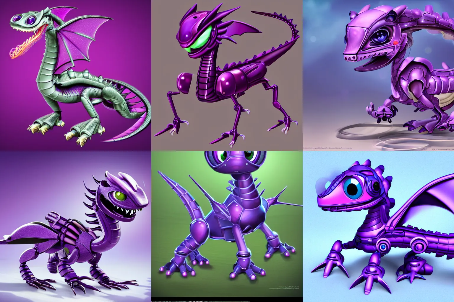 Prompt: very cute small purple robototechnic dragon with well-designed head and four legs with small wings,Disney, digital art