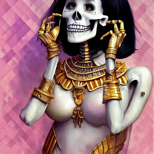 Image similar to cute, shy & beautiful smiling undead skeleton girl with very attractive face and black hair dressed as a cleopatra winking to the viewer, elegant, digital art, fullbody painting, fantasy, pixar style, painting, pin up, highly detailed, artstation, art by artgerm, vrubel, greg rutkowski, ilya kuvshinov, raymond swanland