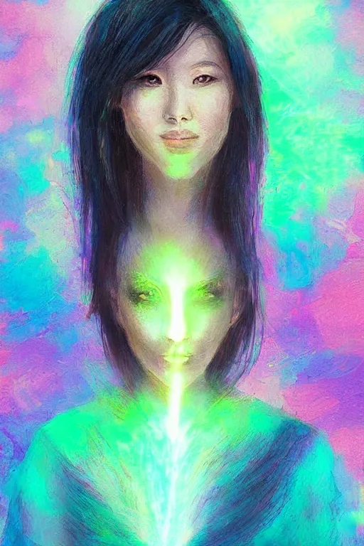 Image similar to woman with diffused glowing aura, art by janice sung