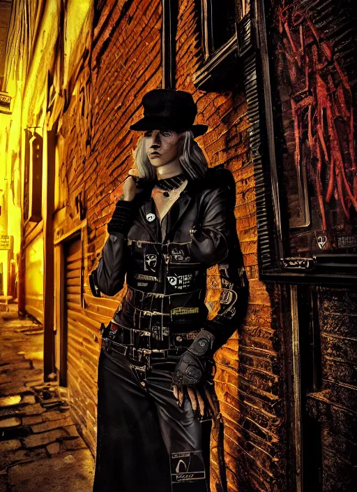 Image similar to portrait photo, 3 5 mm lomography, female doorwoman, gang clothing fashion, id magazine, by david cronenberg, hyperrealism, detailed textures, photorealistic, cyberpunk apocalyptic city, ultra realistic, cinematic, intricate, cinematic light, 8 k, david la chapelle, david kostic, artgerm