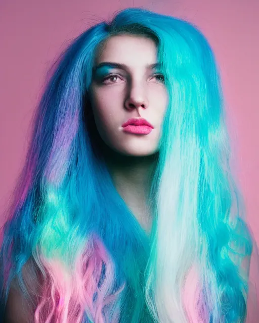 Image similar to a dramatic lighting photo of a beautiful young woman with cotton candy hair. with a little bit of cyan and pink