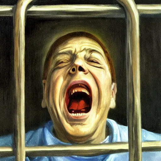 Prompt: a screaming prisoner holding prison bars, realism old painting, oil painting