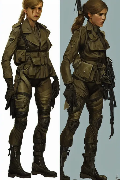 Image similar to mgs solid snake as a woman, full body military outfit, army boots, pouches, full body concept art, khaki color, oil painting, sunlit, paint texture, digital painting, highly detailed, artstation, sharp focus, illustration, concept art, ruan jia, charlie bowater, tom bagshaw, norman rockwell