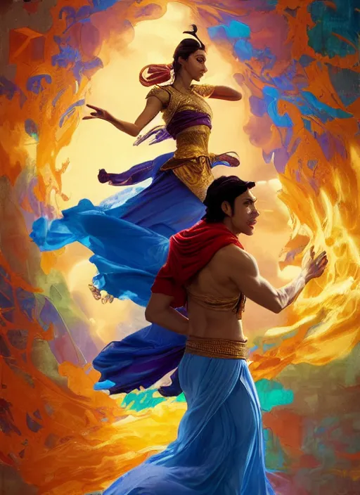 Prompt: aladdin, orange spike aura in motion, floating pieces, painted art by tsuyoshi nagano, greg rutkowski, artgerm, alphonse mucha, spike painting