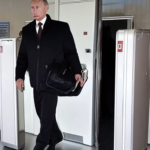 Image similar to wary Vladimir Putin leaving a public toilet with a suspicious suitcase