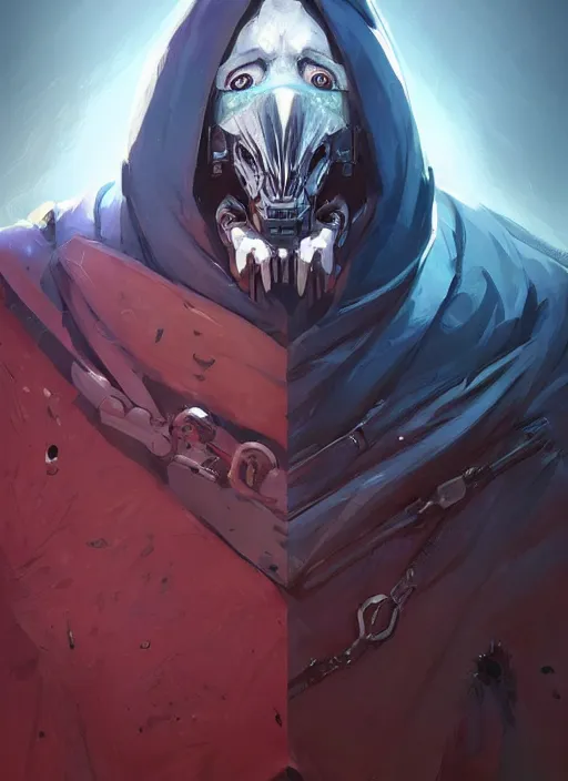 Image similar to anthropomorphic raven cyborg character portrait, cloak, game design fanart by concept artist gervasio, behance hd by jesper ejsing, by rhads, h. r. giger, makoto shinkai and lois van baarle, ilya kuvshinov