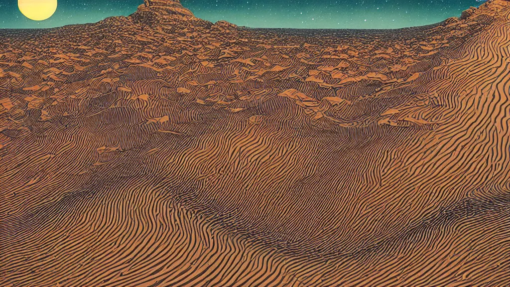 Prompt: highly detailed illustration of high exposure sand dunes at night by moebius, nico delort, oliver vernon, kilian eng, joseph moncada, damon soule, manabu ikeda, kyle hotz, dan mumford, otomo, 4 k resolution