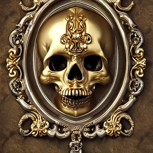 Image similar to baroque skull, scrollwork, gold, silver, precious gems, rendered in octane, close-up